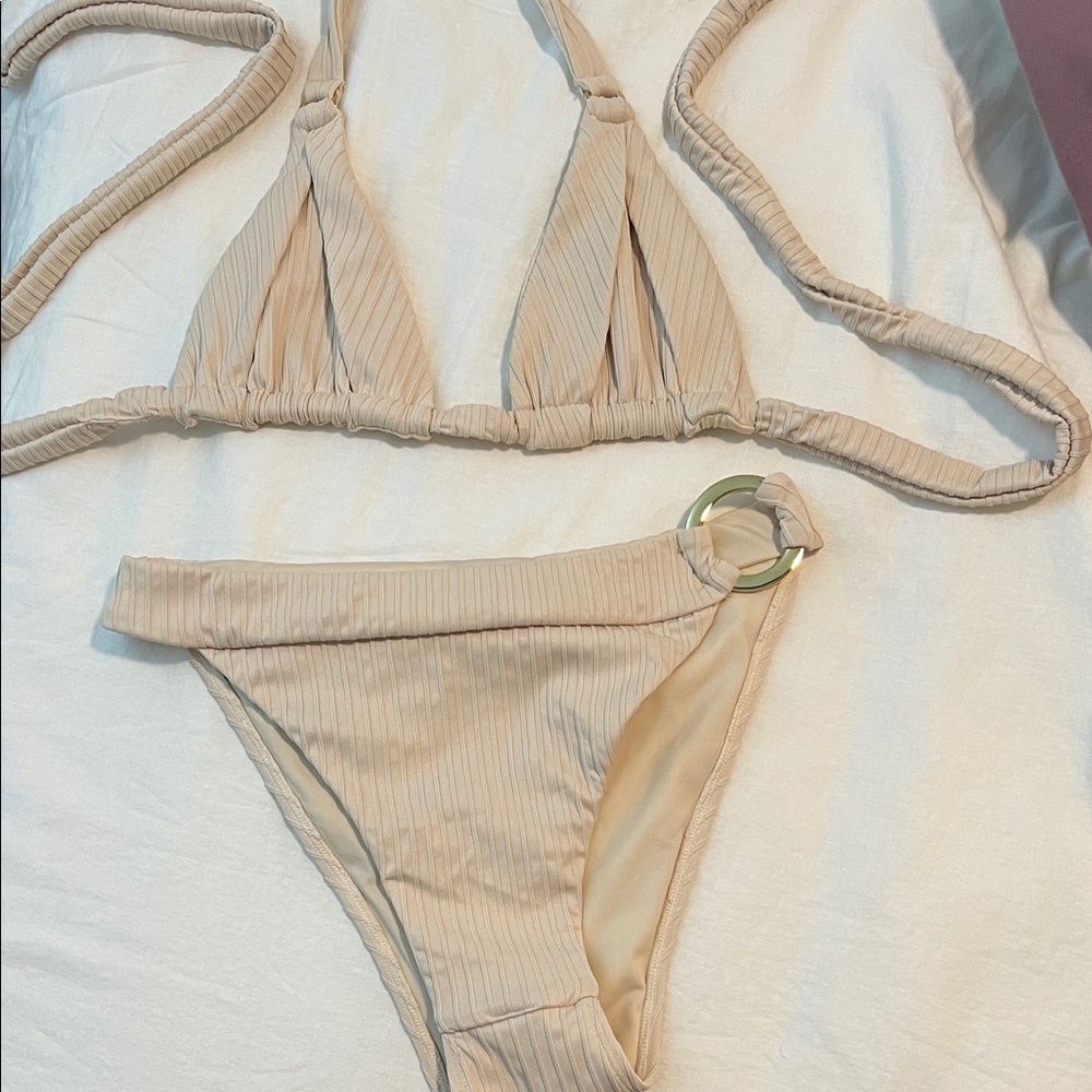 Monday Swimwear Ribbed Beige Bikini Set with Ring Detail